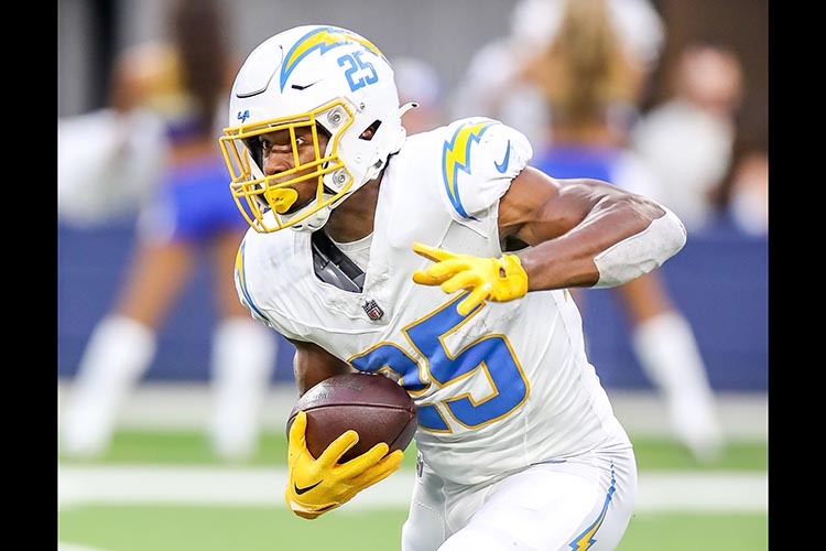 Chargers No. 1 running back, Austin Ekeler injured, former UCLA star Joshua Kelley should start the game against the Raiders on Sunday at So Fi Stadium. PHOTO BY JEVONE MOORE